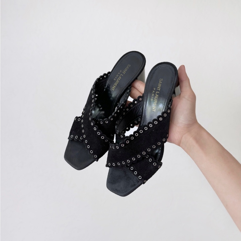 YSL Saint Laurent Paris black suede studded block heel sandals